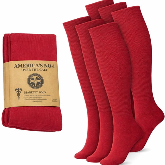 Diamond Star Diabetic Over the Calf Premium Cushion Cotton Knee High Comfortable Socks for Women (Red - 6 Pairs, Shoe Size 9-11)