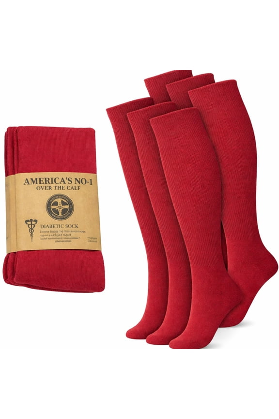 Diabetic Over the Calf Premium Cushion Cotton Knee High Comfortable Socks for Women (Red - 6 Pairs, Shoe Size 9-11)