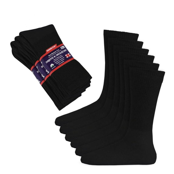 Diamond Star Diabetic Socks, Non-Binding Circulatory Cushion Cotton Crew Diabetic Socks for Men Women (Black - 6 Pairs, Socks Size 9-11, Fit Women's Shoe Size 5-10)