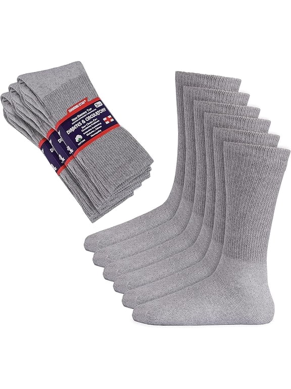 Diabetic Socks for Men & Women - Non-Binding Cushion Cotton Crew Socks for Neuropathy, Edema, & Circulatory Support (Grey - 6 Pairs, Sock Size 10-13, Fits Men's Shoe Size 7-12)
