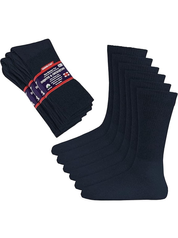 Diabetic Socks for Men & Women - Non-Binding Cushion Cotton Crew Socks for Neuropathy, Edema, & Circulatory Support (Navy - 6 Pairs, Sock Size 13-15, Fits Men's Shoe Size 9-14)