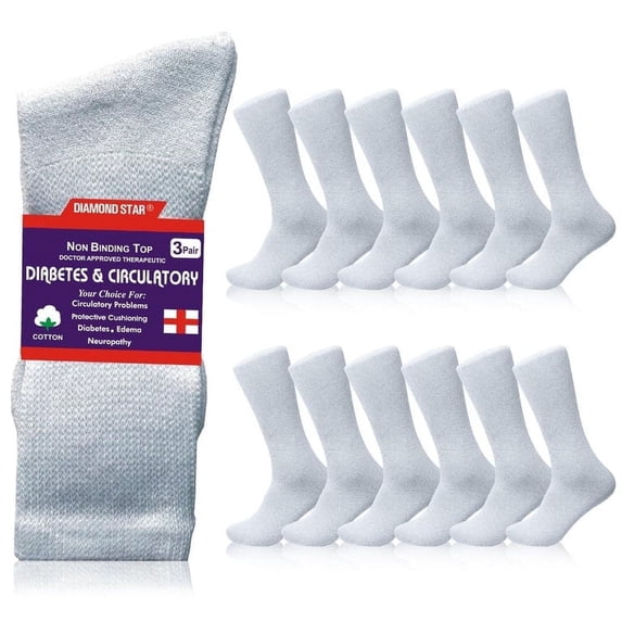 Diamond Star Diabetic Socks, Non-Binding Circulatory Cushion Cotton Crew Diabetic Socks for Men Women (White - 12 Pairs, Socks Size 10-13, Fit Men's Shoe Size 7-12)