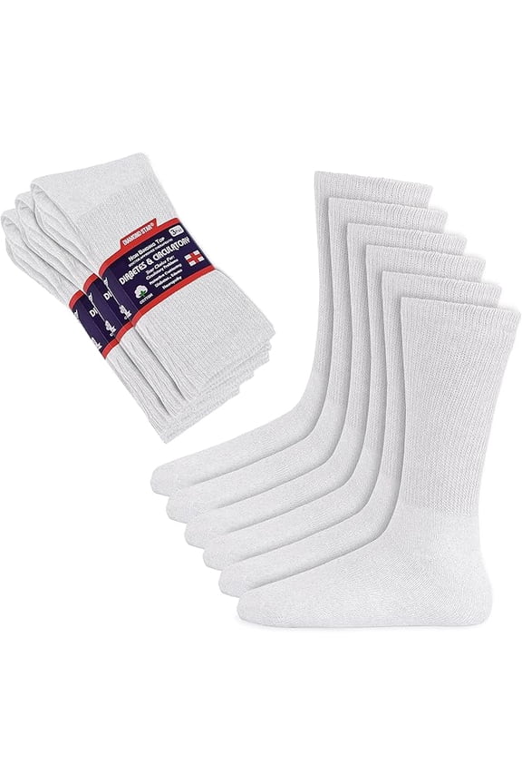 Diabetic Socks for Men & Women - Non-Binding Cushion Cotton Crew Socks for Neuropathy, Edema, & Circulatory Support (White -12 Pairs Extra Wide, Socks Size 13-15)