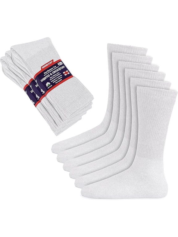 Diabetic Socks for Men & Women - Non-Binding Cushion Cotton Crew Socks for Neuropathy, Edema, & Circulatory Support (White -12 Pairs Extra Wide, Socks Size 13-15)