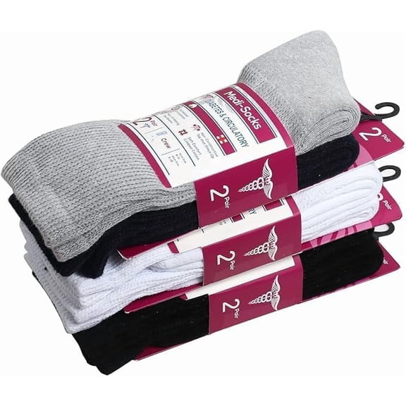Diamond Star Diabetic Socks, Non-Binding Circulatory Cushion Cotton Crew Socks for Women (Assorted-6 Pairs, Socks Size 9-11, Fit Women Shoe Size 5-10)