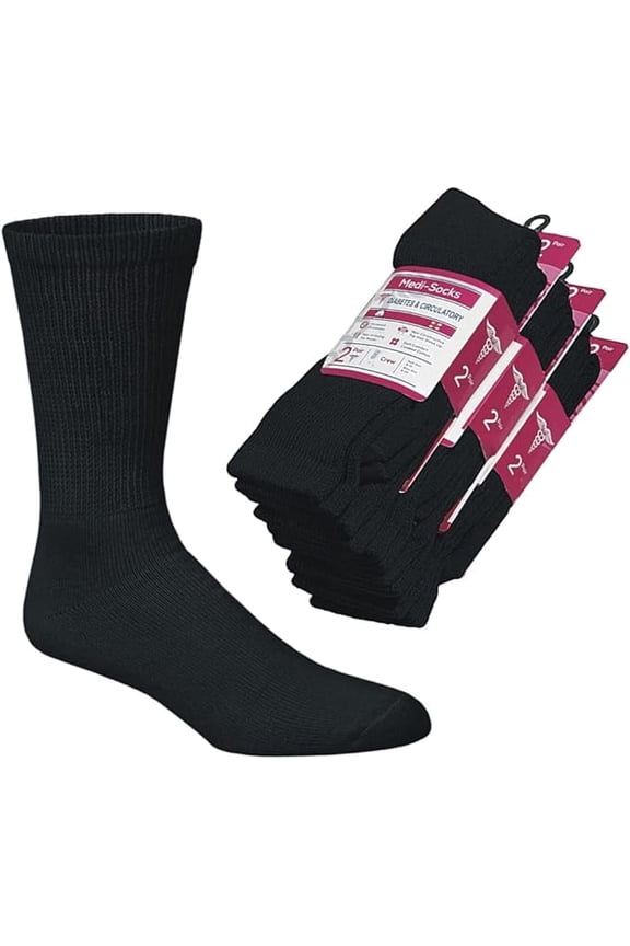 Diabetic Socks, Non-Binding Circulatory Cushion Cotton Crew Socks for Women (Black-6 Pairs, Socks Size 9-11, Fit Women Shoe Size 5-10)