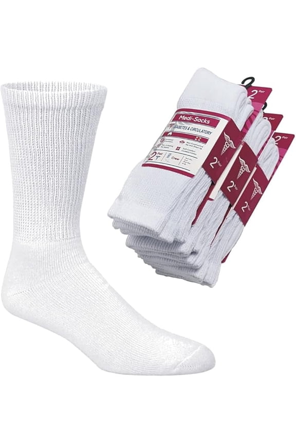 Diabetic Socks, Non-Binding Circulatory Cushion Cotton Crew Socks for Women (White-6 Pairs, Socks Size 9-11, Fit Women Shoe Size 5-10)