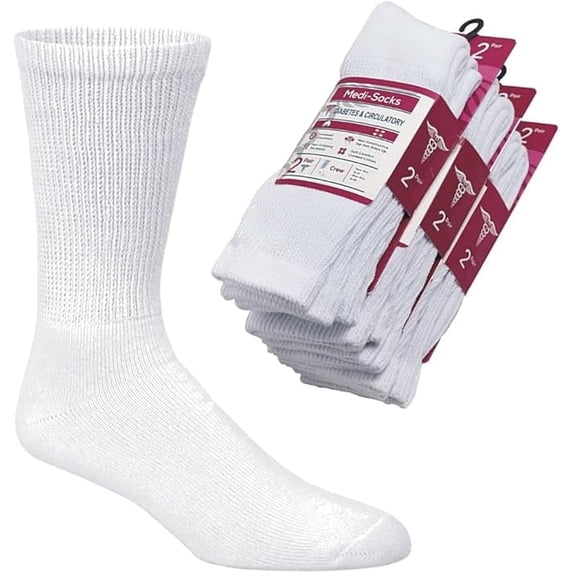Diamond Star Diabetic Socks, Non-Binding Circulatory Cushion Cotton Crew Socks for Women (White-6 Pairs, Socks Size 9-11, Fit Women Shoe Size 5-10)