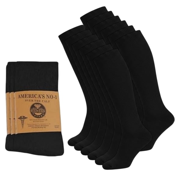 Diamond Star Diabetic Over the Calf Premium Cushion Cotton Knee High Comfortable Socks for Men (Black - 6 Pairs, Shoe Size 13-16)