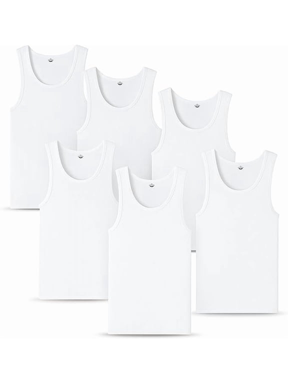 Men's Undershirts (Pack of 6) - Soft Cotton Blend, Tag less Tank Tops Cotton Spandex Undershirts Sleeveless, A-Shirt Crew Neck - Comfortable Fit (White Color - 2XLarge Size)