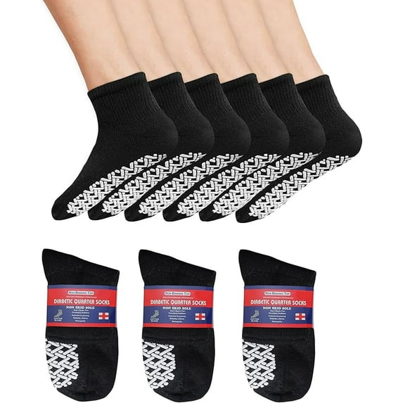 Diamond Star Premium Therapeutic Diabetic Socks for Men & Women Extra-Cushioned, Non-Binding Loose Top Ultimate Comfort Cotton Quarter-Length (Black, 6 Pairs, Size 13-15)