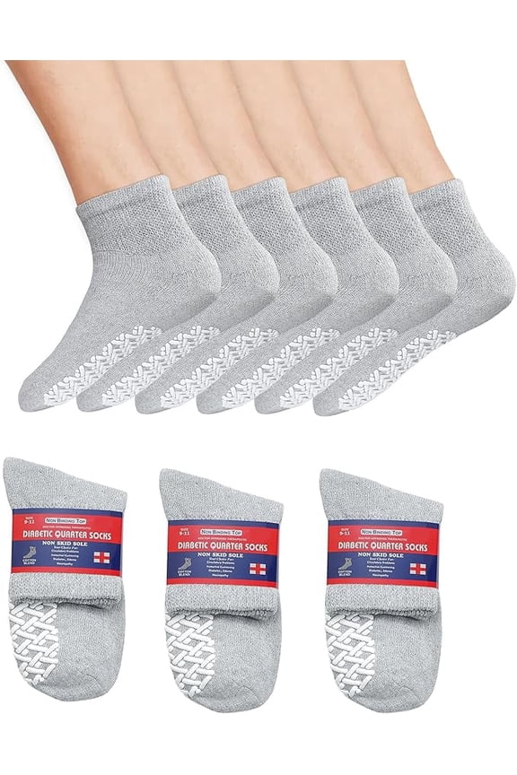 Premium Therapeutic Diabetic Socks for Men & Women Extra-Cushioned, Non-Binding Loose Top Ultimate Comfort Cotton Quarter-Length (Grey, 3 Pairs, Size 10-13)