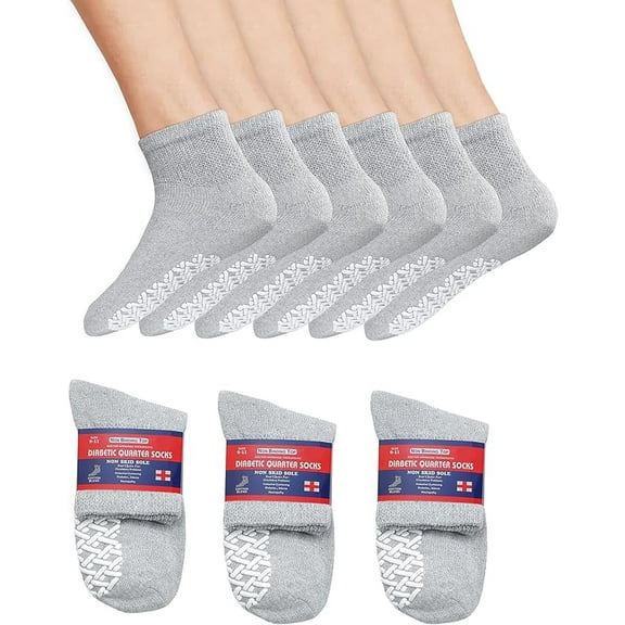 Diamond Star Premium Therapeutic Diabetic Socks for Men & Women Extra-Cushioned, Non-Binding Loose Top Ultimate Comfort Cotton Quarter-Length (Grey, 6 Pairs, Size 13-15)