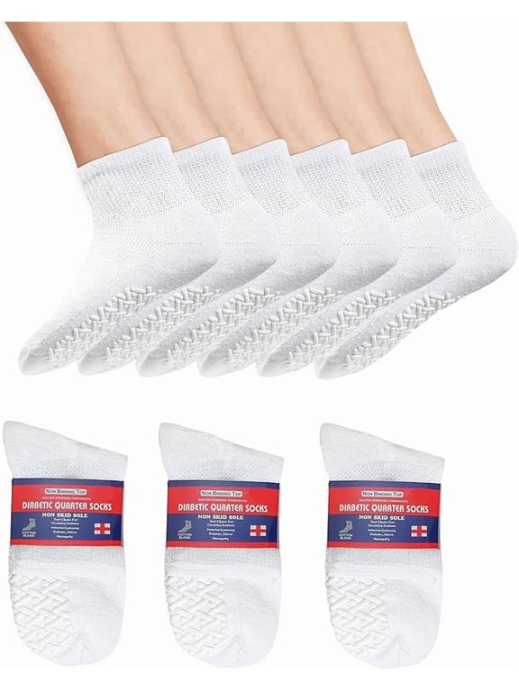 Premium Therapeutic Diabetic Socks for Men & Women Extra-Cushioned, Non-Binding Loose Top Ultimate Comfort Cotton Quarter-Length (White, 3 Pairs, Size 10-13)