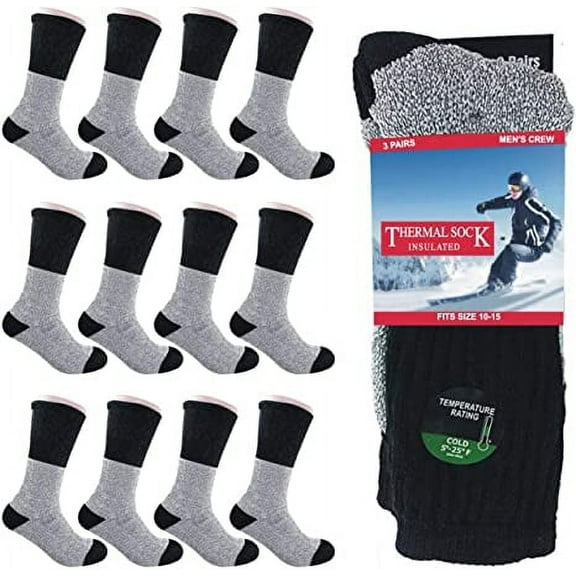 Diamond Star Thermal Socks Heavy Duty Crew Insulated Socks Ultra Warm Thick Boot Socks Men’s Women’s (Black - 6 Pairs Thermal Socks fit size 10-15)