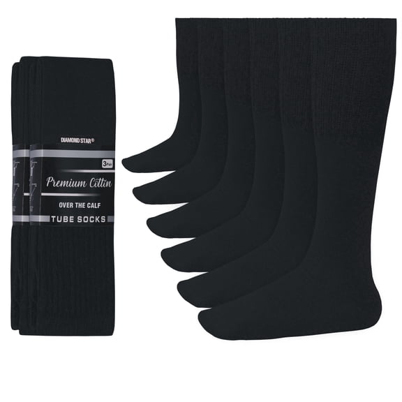 Diamond Star Men’s Tube Socks – Premium Cushioned Cotton Over the Calf Athletic Knee High Socks (Black - 6 Pairs 22 inches Low Calf Socks fit size 9-15 Socks fit size)