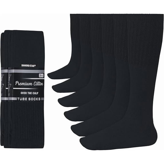 Diamond Star Men’s Tube Socks – Premium Cushioned Cotton Over the Calf Athletic Knee High Socks (Black - 6 Pairs 26 inches Mid Calf Socks fit size 10-15)