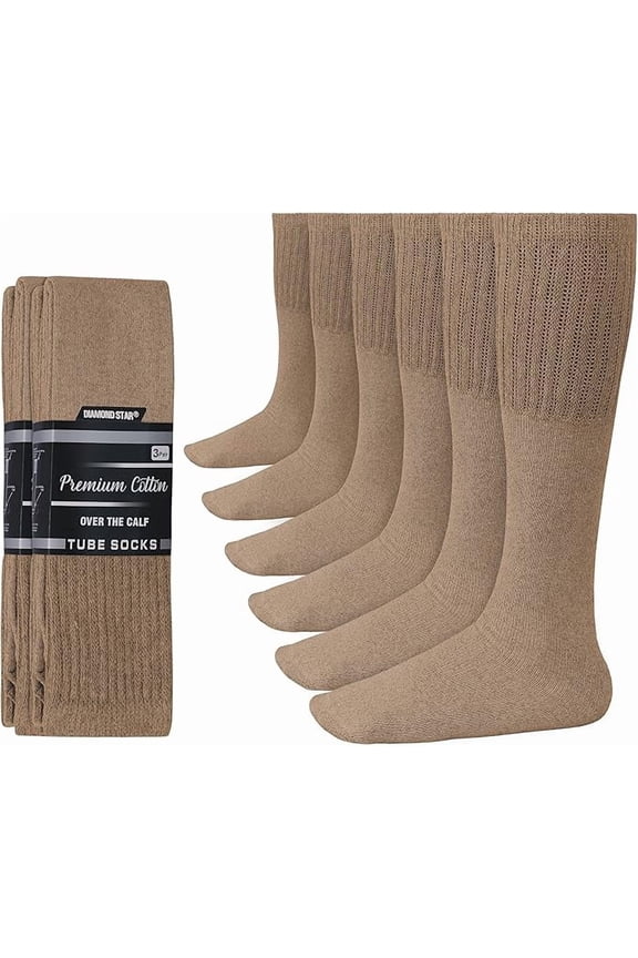 Men’s Tube Socks – Premium Cushioned Cotton Over the Calf Athletic Knee High Socks (Khaki - 6 Pairs 26 inches Mid Calf Socks fit size 10-15)