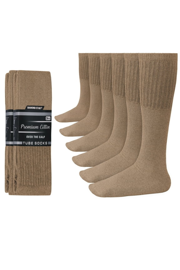 Men’s Tube Socks – Premium Cushioned Cotton Over the Calf Athletic Knee High Socks (Khaki - 6 Pairs 31 inches Big & Tall Over The Calf Socks fit size 13-16)
