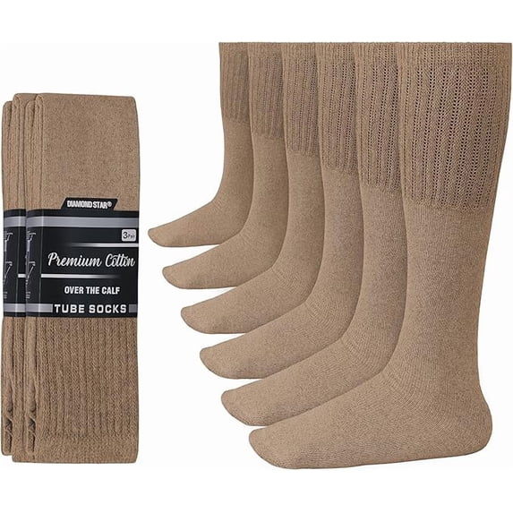 Diamond Star Men’s Tube Socks – Premium Cushioned Cotton Over the Calf Athletic Knee High Socks (Khaki - 6 Pairs 31 inches Big & Tall Over The Calf Socks fit size 13-16)