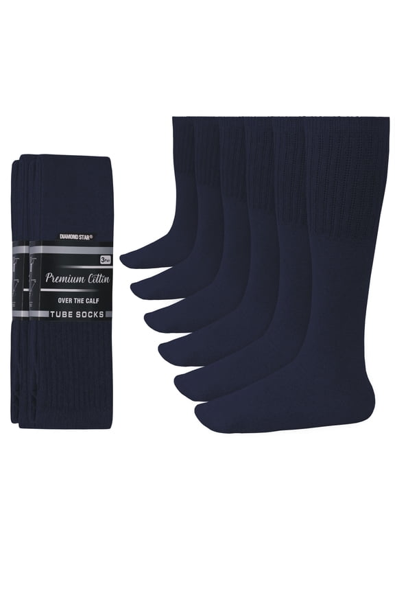 Diabetic Over the Calf, Non-binding Premium Cushion Cotton Knee High Comfortable Socks for Men (Navy - 6 Pairs Sock size 13-16)