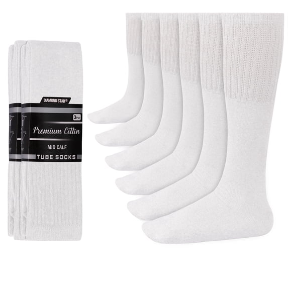 Diamond Star Men’s Tube Socks – Premium Cushioned Cotton Over the Calf Athletic Knee High Socks (White - 6 Pairs 22 inches Low Calf Socks fit size 9-15)