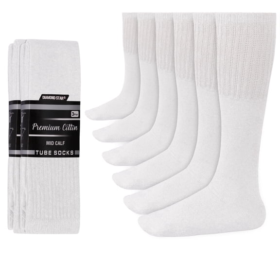 Diamond Star Men’s Tube Socks – Premium Cushioned Cotton Over the Calf Athletic Knee High Socks (White - 6 Pairs 22 inches Low Calf Socks fit size 9-15)