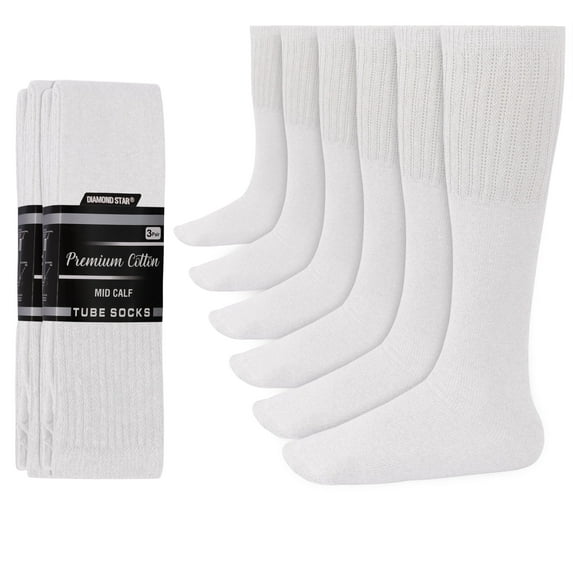 Diamond Star Men’s Tube Socks – Premium Cushioned Cotton Over the Calf Athletic Knee High Socks (White - 6 Pairs 26 inches Mid Calf Socks fit size 10-15)