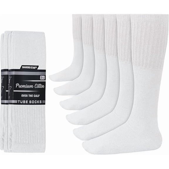 Diamond Star Men’s Tube Socks – Premium Cushioned Cotton Over the Calf Athletic Knee High Socks (White - 6 Pairs 31 inches Big & Tall Over The Calf Socks fit size 13-16)