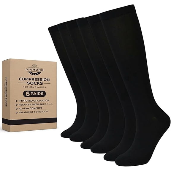 Diamond Star Unisex Knee-high Compression Dress socks-Moisture Wicking, Arch Support Men's & Women's Fit (6 Pairs- Black Color Socks with Black reinforced Heel & Toe)
