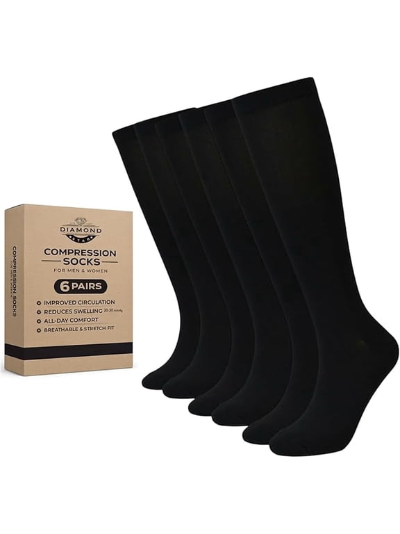 Unisex Knee-high Compression Dress socks-Moisture Wicking, Arch Support Men's & Women's Fit (6 Pairs- Black Color Socks with Black reinforced Heel & Toe)