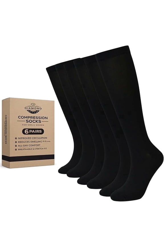 Unisex Knee-high Compression Dress socks-Moisture Wicking, Arch Support Men's & Women's Fit (6 Pairs- Black Color Socks with Black reinforced Heel & Toe)