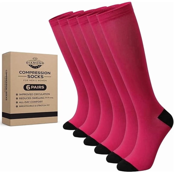 Diamond Star Unisex Knee-high Compression Dress socks-Moisture Wicking, Arch Support Men's & Women's Fit (6 Pairs- Magenta Color Socks with Black reinforced Heel & Toe)