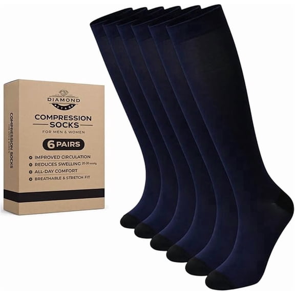Diamond Star Unisex Knee-high Compression casual socks-Moisture Wicking, Arch Support Men's & Women's Fit (6 Pairs- Navy Color Socks with Black reinforced Heel & Toe)