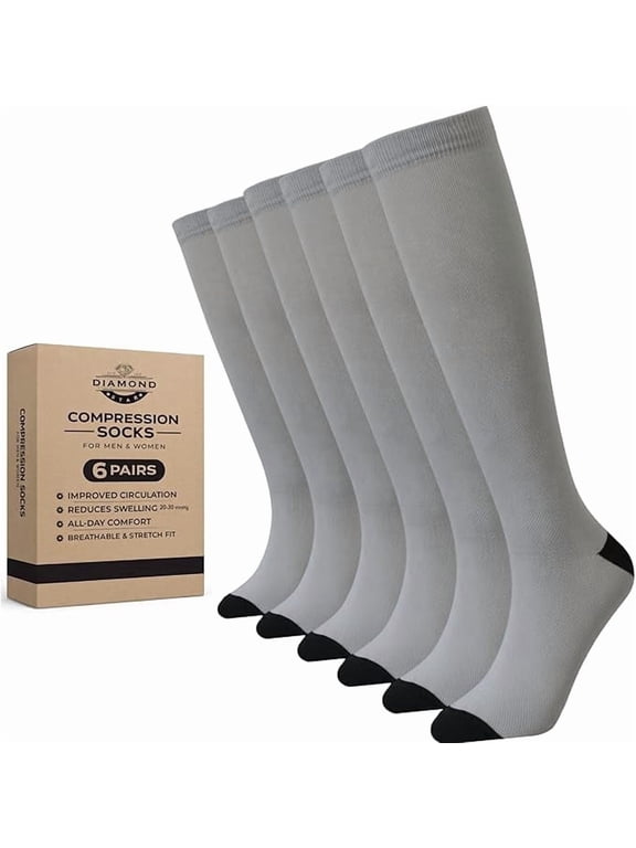 Unisex Knee-high Compression casual socks-Moisture Wicking, Arch Support Men's & Women's Fit (6 Pairs- Silver Color Socks with Black reinforced Heel & Toe)