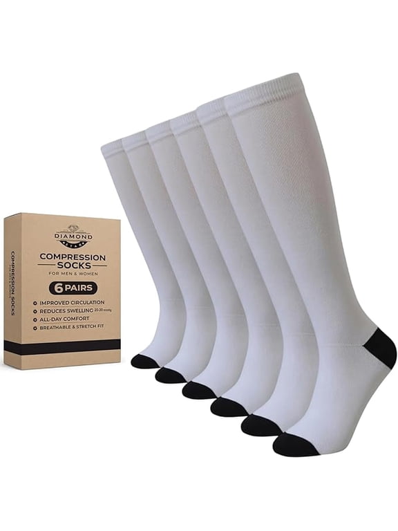 Unisex Knee-high Compression Dress socks-Moisture Wicking, Arch Support Men's & Women's Fit (6 Pairs- White Color Socks with Black reinforced Heel & Toe)