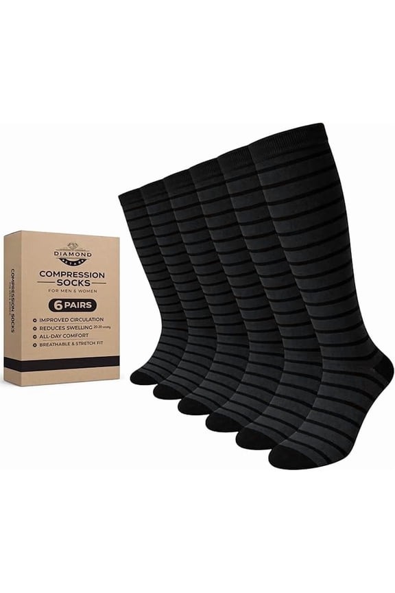 Unisex Knee-high Compression casual socks-Moisture Wicking, Arch Support Men's & Women's Fit (6 Pairs- Charcoal body Color with Black Stripes & Heel/Toe)