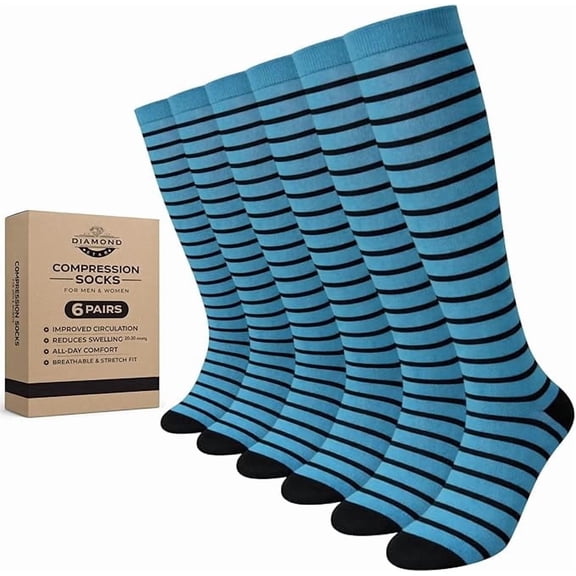 Diamond Star Unisex Knee-high Compression casual socks-Moisture Wicking, Arch Support Men's & Women's Fit (6 Pairs- Teal body Color with Black Stripes & Heel/Toe)