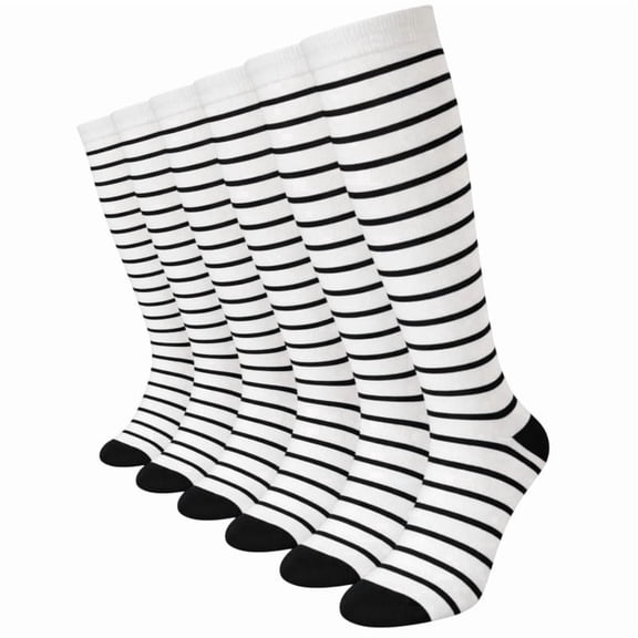 Diamond Star Unisex Knee-high Compression casual socks-Moisture Wicking, Arch Support Men's & Women's Fit (6 Pairs- White body Color with Black Stripes & Heel/Toe)