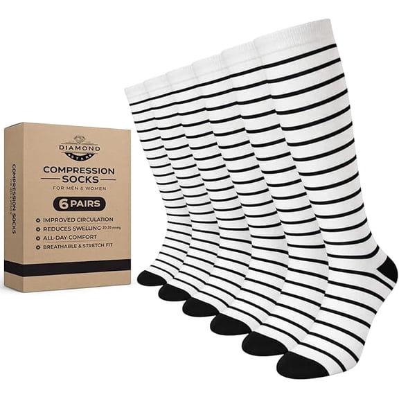 Diamond Star Unisex Knee-high Compression casual socks-Moisture Wicking, Arch Support Men's & Women's Fit (6 Pairs- White body Color with Black Stripes & Heel/Toe)