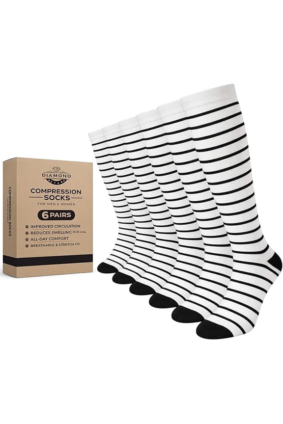 Unisex Knee-high Compression casual socks-Moisture Wicking, Arch Support Men's & Women's Fit (6 Pairs- White body Color with Black Stripes & Heel/Toe)