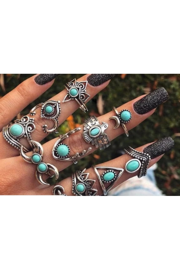 Womens Ring Set 11 Pcs Starry Sky Gemstone Rings with Rhinestones Retro Carved Totem Design Bohemian Unisex Ring Set Individually Packed
