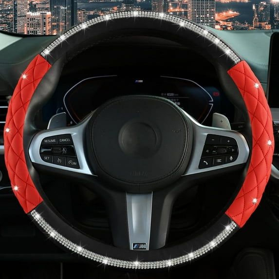 Diamond Steering Wheel Cover ,with Bling Crystal Rhinestone,Delicate and Anti-Slip Sparkly Sedan Steering Wheel Cover ,Adaptable to 14.5-15 inches Car Wheel Protector for Women Girl ,Black & Red