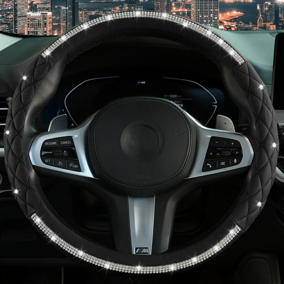 Diamond Steering Wheel Cover,with Bling Crystal Rhinestone, Delicate and Anti-Slip Sparkly Steering Wheel Cover ,Adaptable to 14.5-15 inches Car Wheel Protector for Women Girl,Car Accessories, Black