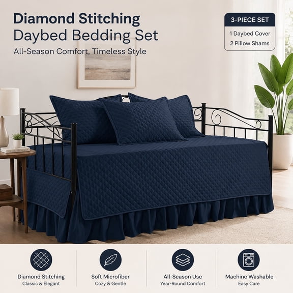 Diamond Stitch Daybed Cover Set, Cozy All Season Bedding with Bedskirt and Shams, Microfiber Filled, 5 Pieces, Navy Blue