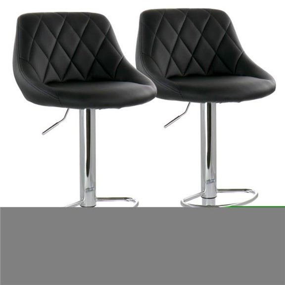 Diamond Stitched Faux Leather Bar Stool in Black with Chrome Base & Adjustable Height - 2 Piece