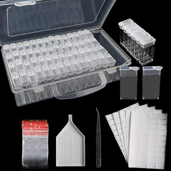 Diamond Storage Box 64 Compartment | 5D Diamond Embroidery Organizer | Clear PP Plastic Case with Lids, Funnel, Tweezers, Sticker Sheets | Multi-Purpose Bead, Nail Art Sorter