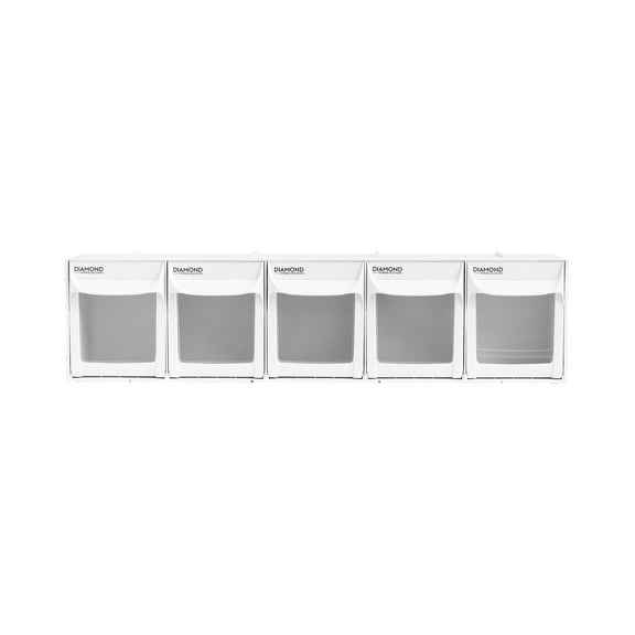Diamond Storage Solutions Plastic Tip-Out Tilting Storage Bin, 5 bin unit, Wall Mountable
