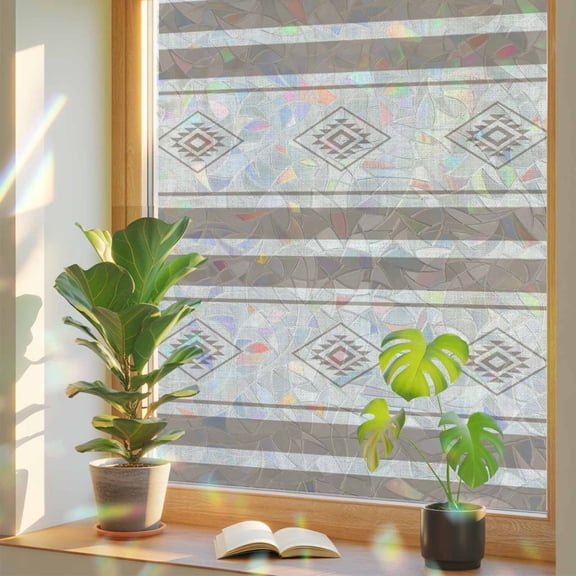 Diamond Stripe Window Privacy Film, Art Boho Tribal Khaki White Woven Effect Line Stained Glass Rainbow Film Decorative Window Clings, Static Cling Sun Blocking Stickers 17.7" x 39.3"