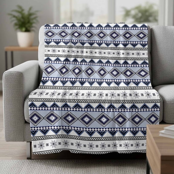 Diamond Strips Fleece Throw Blanket Lightweight Abstract Rustic Vintage Boho Blue White Farmhouse Fuzzy Flannel Throws Super Soft Cozy Flannel Blanket for Couch, Sofa, Bed, Travel 30"x40"